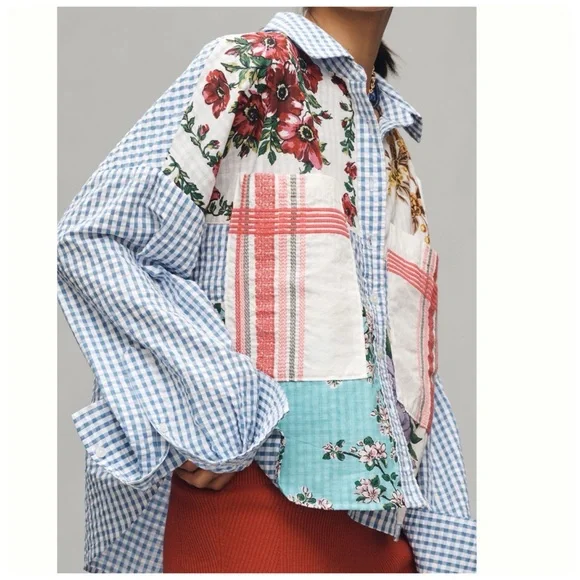NWT Anthropologie Maeve Long-Sleeve Patchwork Tea Towel Buttondown Shirt 2X - Picture 5 of 17